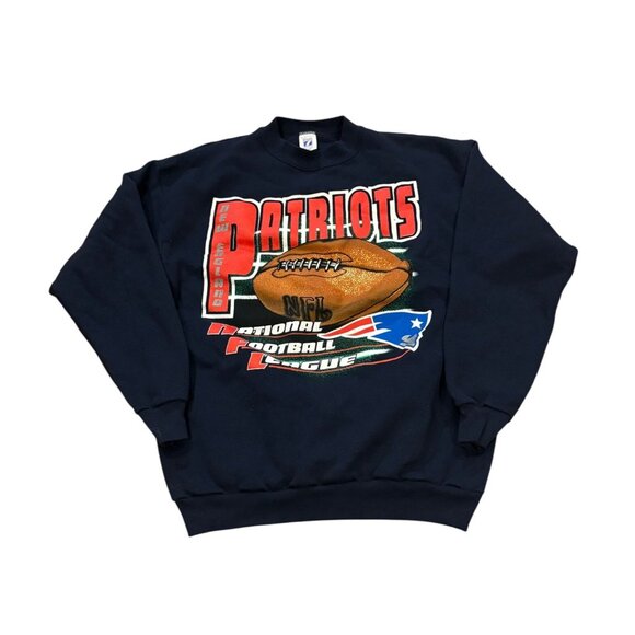 Vintage 90's Logo 7 New England Patriots NFL Navy Blue Crewneck Sweatshirt Large - Picture 1 of 7